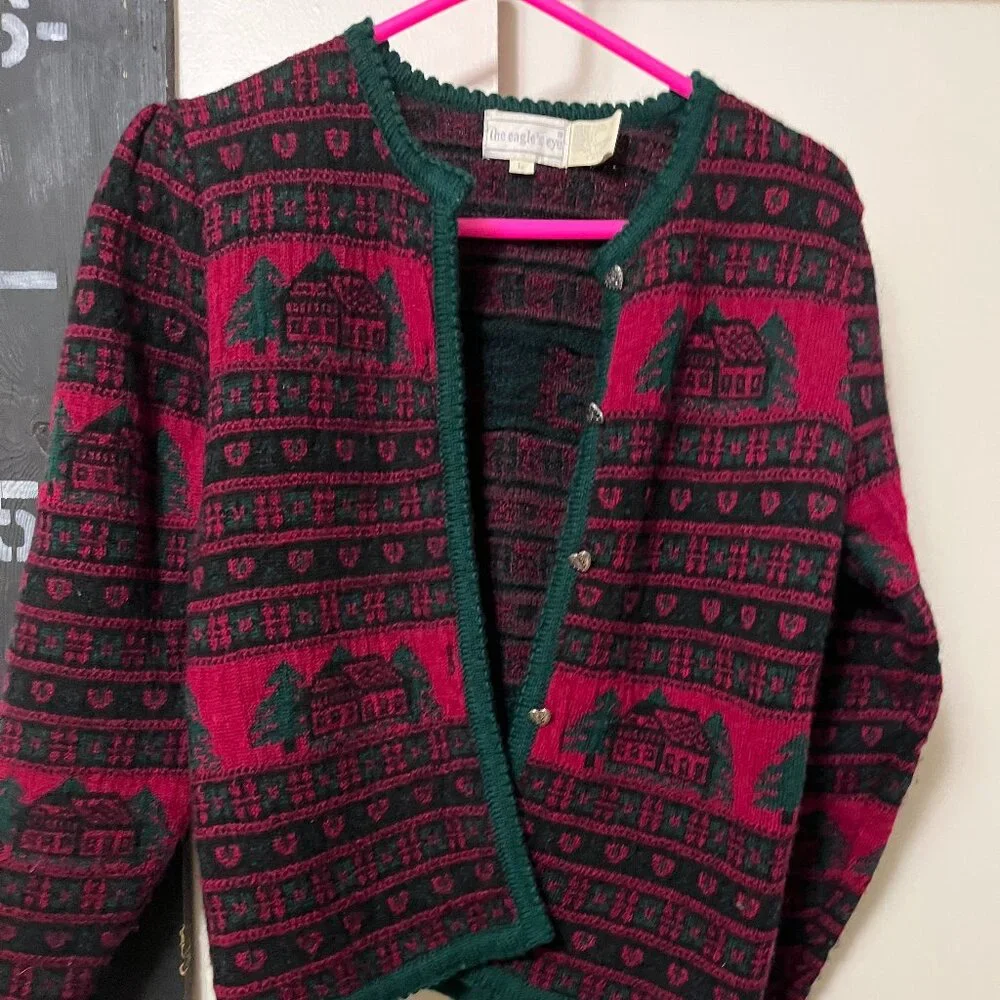 Eagles Eye 80s vintage wool sweater green and red size L but is modern S - Picture 1 of 10